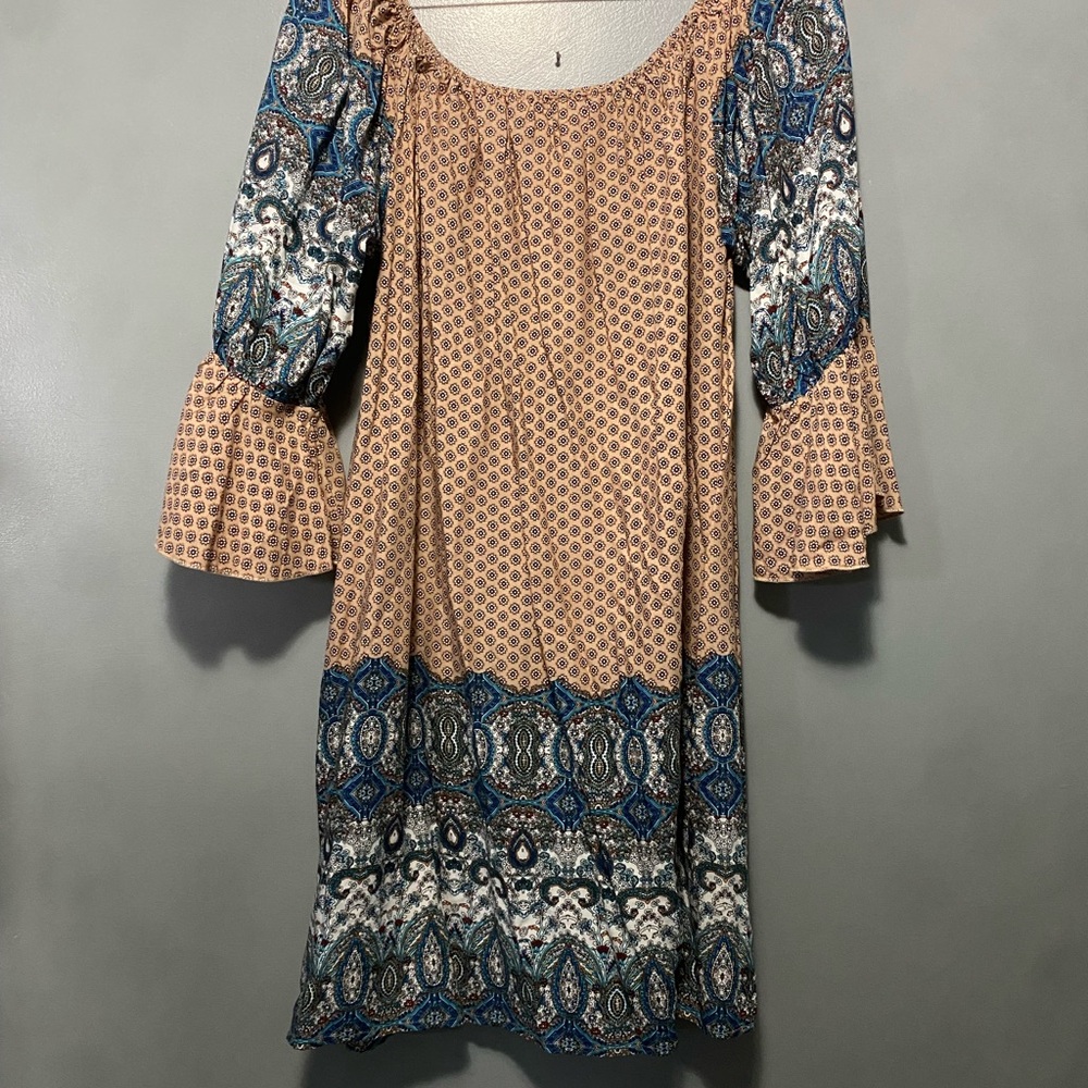 Umgee Bohemian Mini Dress size S multi bright colors in blue tan and orange - Picture 8 of 8